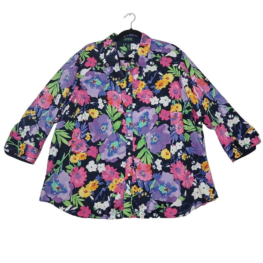 Lauren Ralph Lauren Women 2XL Purple Navy Floral Button Down Shirt Cotton #1077